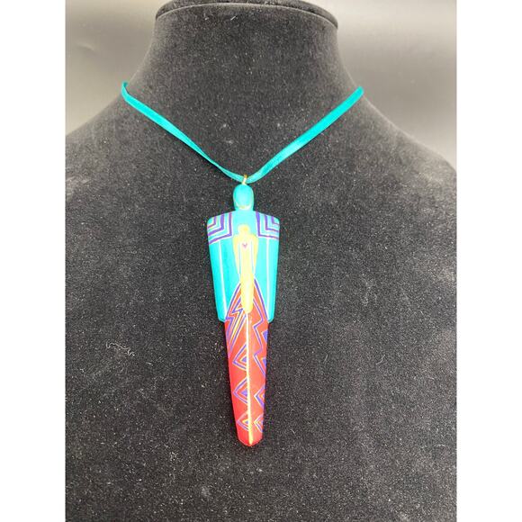 Vintage Signed brightly painted wood pendant Laurel Burch 1992 - Picture 5 of 5